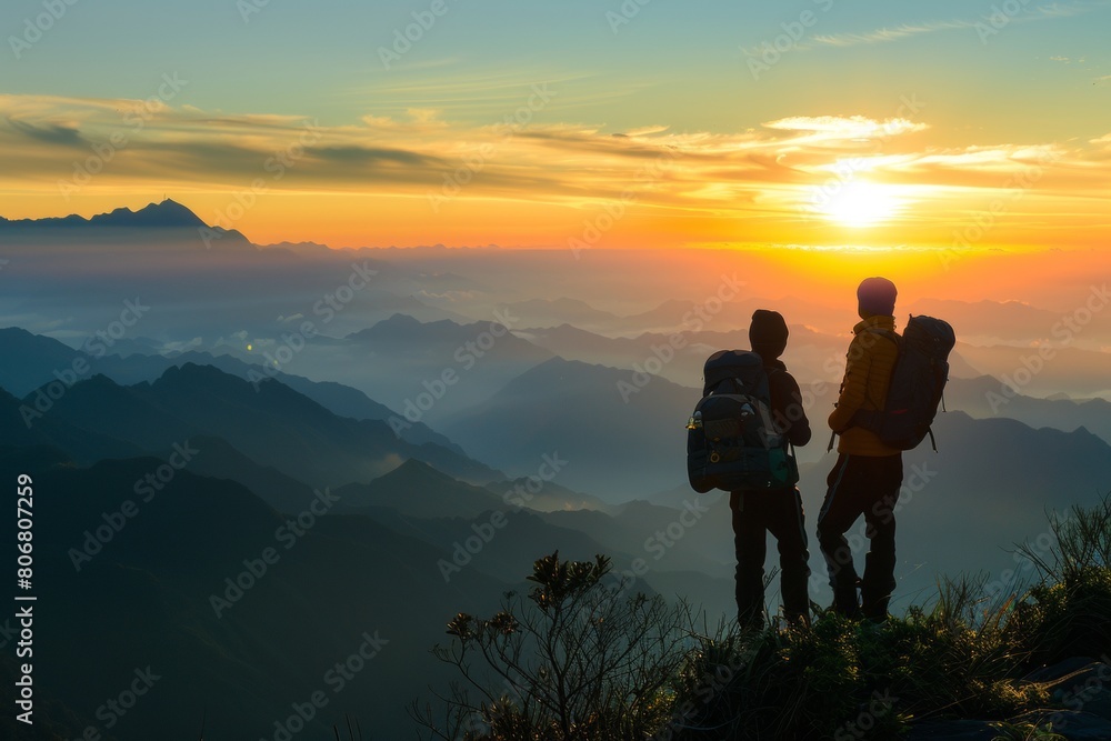 Hikers silhouetted on a mountain ridge at sunrise, overlooking a breathtaking vista of valleys and distant peaks
