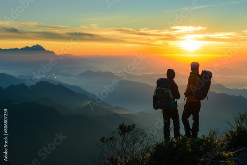 Hikers silhouetted on a mountain ridge at sunrise, overlooking a breathtaking vista of valleys and distant peaks