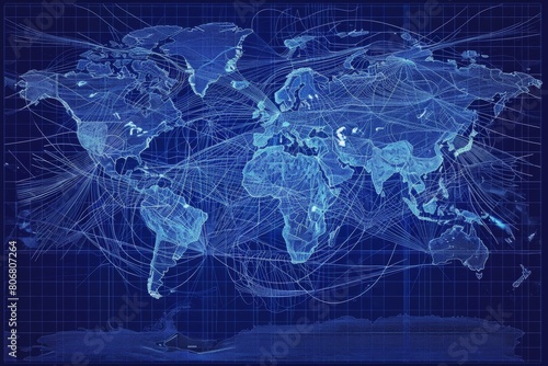 Global network map in blueprint style, major data centers marked, fiber-optic routes traced with dashed lines, ocean cables highlighted