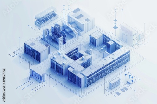 Isometric blueprint of a data center, showcasing multiple floors, server racks, and network pathways in three-dimensional perspective