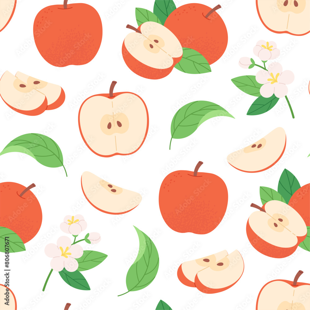 Cartoon apple seamless pattern. Red apples and blossom floral branches. Blooming garden, fabric and wrapping print design, racy vector background Cartoon apple seamless pattern. Red apples and blossom floral branches. Blooming garden, fabric and wrapping print design, racy vector background