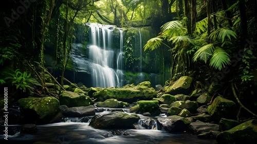 Panorama of a beautiful waterfall in the rainforest  New Zealand
