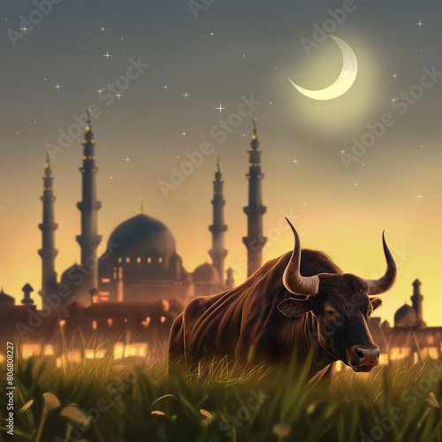 Hyper realistic bull on grass behind side modern mosque in village, sky and crescent. Muslim Islamic background