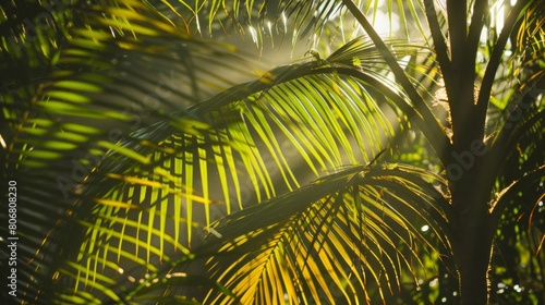 Sunlight filtering through the leaves of a palm tree  creating intricate patterns of light and shadow