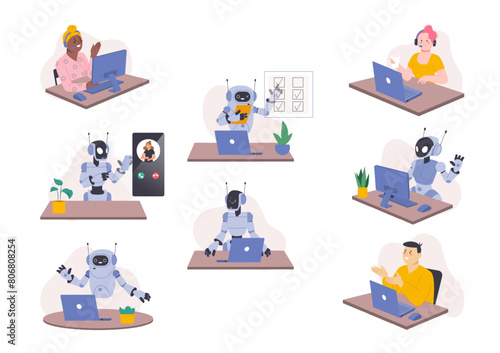 Chatbot customer support. Robots and people working in office together. Android in call center supporting client, splendid vector cartoon scenes