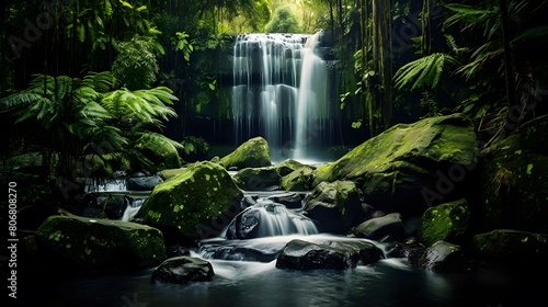 Panoramic view of beautiful waterfall in tropical rainforest. Nature background