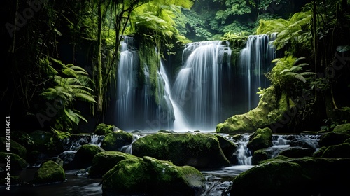 Beautiful waterfall in the deep forest. Panorama  long exposure