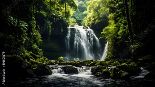 Panorama of a beautiful waterfall in the middle of the forest.