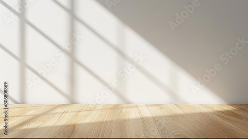 Create a 3D rendering of an empty room with white walls and brown wooden floor