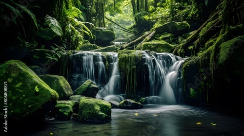 Beautiful waterfall in the rainforest. Panoramic view of a waterfall in the rainforest.