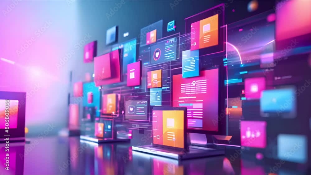 A 3D illustration of a futuristic user interface with multiple screens, windows, and data visualizations. A 3D illustration of a futuristic user interface with multiple screens, windows, and data visualizations.