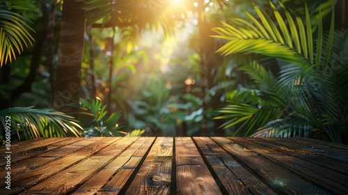 A wooden table sits in a lush jungle