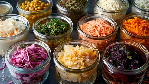 Colorful display of fermented foods in glass jars representing healthy probiotic cuisine. Concept Fermented Foods, Glass Jars, Probiotic Cuisine, Colorful Display, Healthy Eating photo