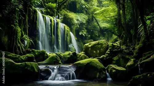 Panorama of a beautiful waterfall in a tropical rainforest  long exposure