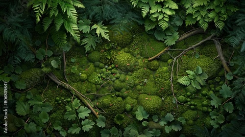 Create a photorealistic high resolution image of a lush green moss covered forest floor with ferns and branches. photo