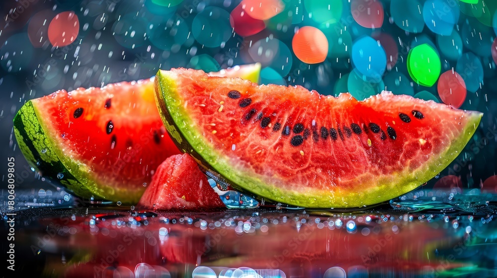 A watermelon slice atop another, dripping with water A watermelon slice atop another, dripping with water