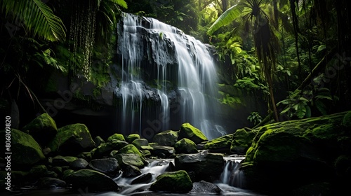Panoramic view of a small waterfall in a tropical rainforest