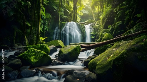 Panorama of a small waterfall in the jungle of Borneo.