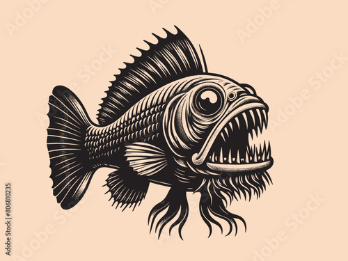 Scary toothy fish monster. Vintage retro engraving illustration. Black icon, logo, label. isolated element