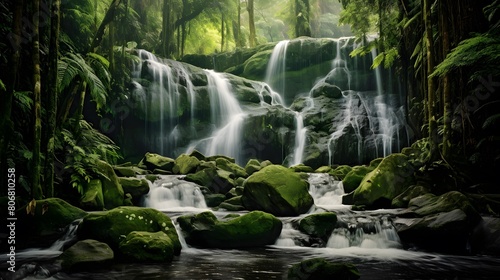 Panoramic view of small waterfall in tropical rainforest. Nature background