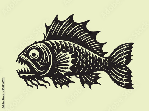 Scary toothy fish monster. Vintage retro engraving illustration. Black icon, logo, label. isolated element