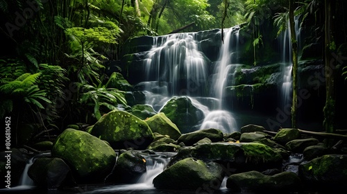 Panorama of a waterfall in a tropical rainforest with green moss and rocks