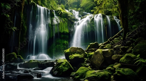 Beautiful waterfall in deep forest. Panorama of waterfall in deep forest.