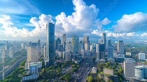 A photo of the cityscape in Jakarta  with tall buildings and bustling streets reflecting its modern urban lifestyle. The sky is a clear blue with fluffy white clouds overhead 