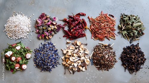 An organized display of various spices and herbs, including chili peppers, cinnamon sticks, and dried flowers, artfully arranged on a gray surface. photo