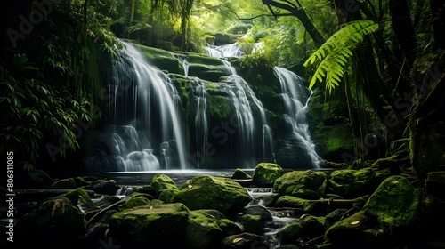 Panoramic view of a beautiful waterfall in a tropical rainforest
