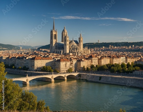 Experience the charm of Lyon's skyline, with its historic landmarks such as the Basilica of Notre-Dame de Fourvière and the Musée des Confluences set against the backdrop of the Saône River photo