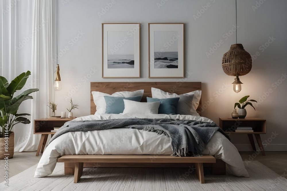 Fototapeta premium Minimal bedroom interior with home decoration mockup, Modern design background Cozy coastal stylish