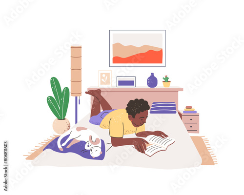 Boy reading paper book in bedroom interior. Young reader holds novel, lying, relaxes on bed with cute cat. Comfort bookworm pastime indoor. Flat isolated vector illustration on white background