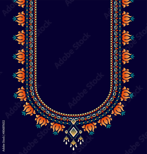 Colorful embroidery neck pattern design in luxury style with floral and ornament motifs on a dark blue background. Symmetrical pattern design for Indian saree blouse, U-neck shirt, and kaftan dress.