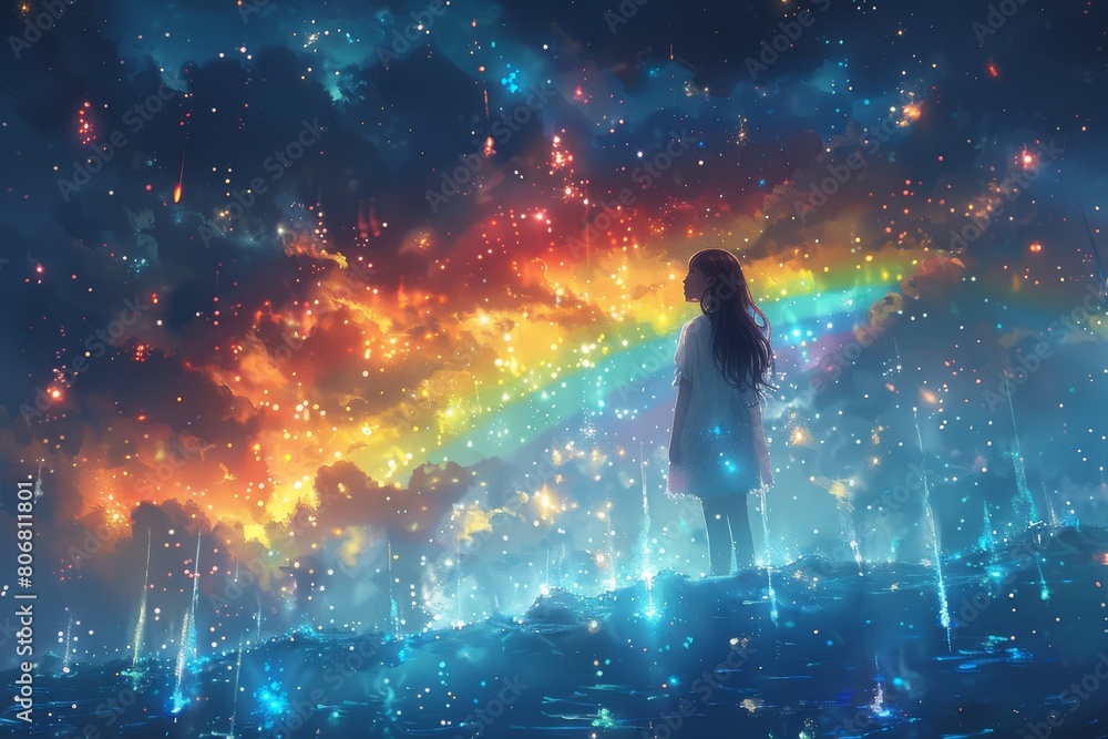 a happy teen girl stands beneath a celestial canopy of swirling colors in the enchanting realm of the rainbow Milky Way sky.