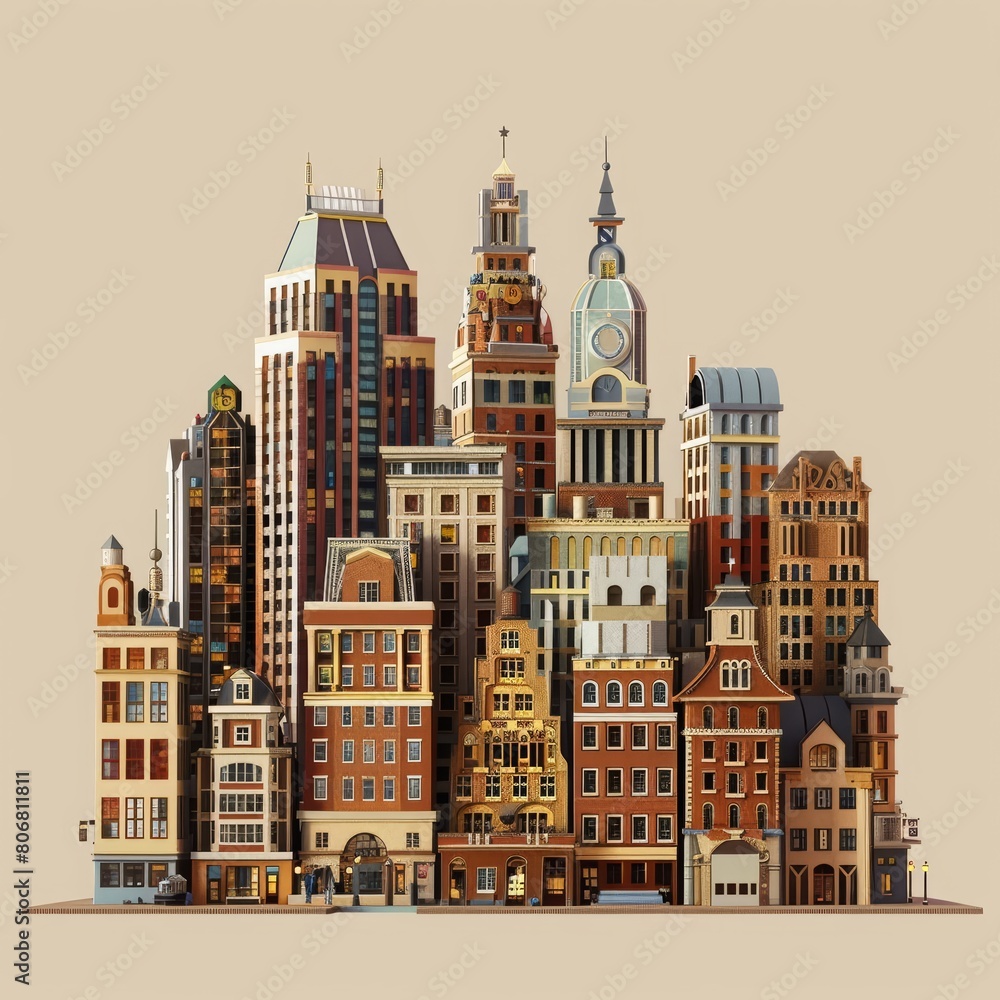 A beautiful building skyline, artfully composed to highlight architectural beauty, as a model isolated on a solid color background A beautiful building skyline, artfully composed to highlight architectural beauty, as a model isolated on a solid color background