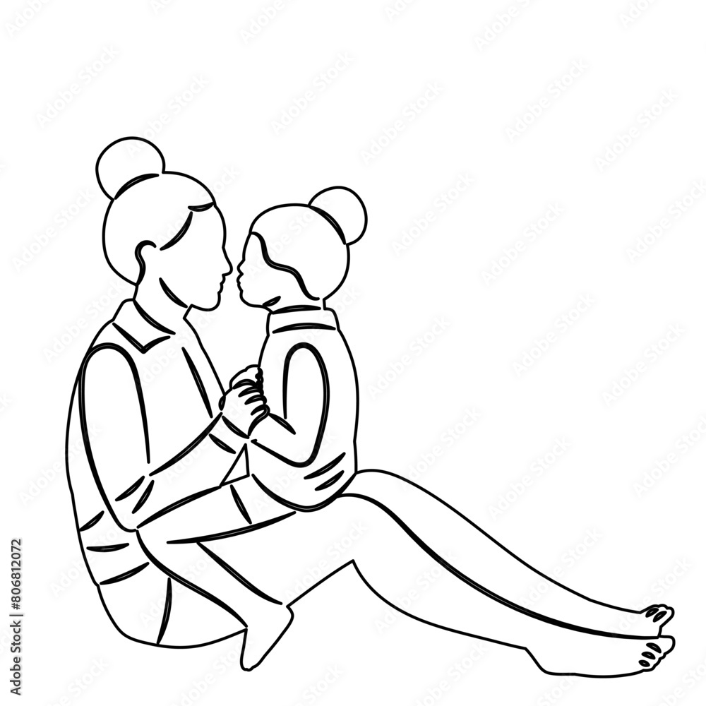 Fototapeta premium mom and daughter, sketch on white background vector