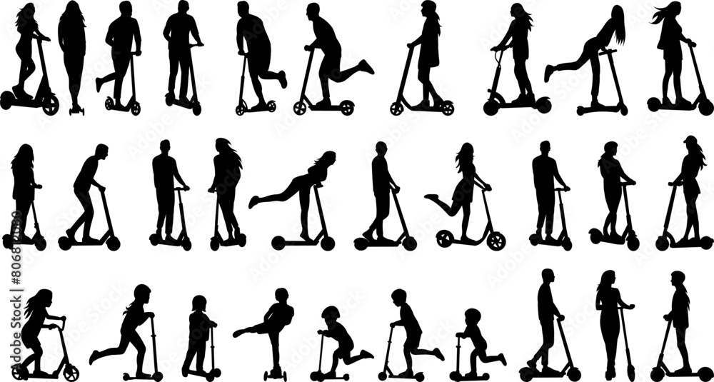 silhouette people riding a scooter set on a white background vector silhouette people riding a scooter set on a white background vector