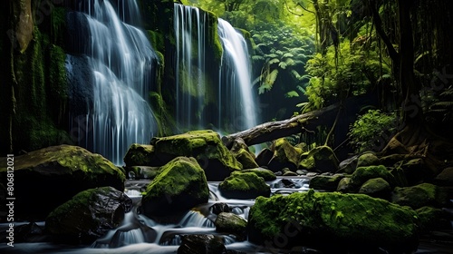 Beautiful waterfall in the forest. Panorama of a waterfall in the forest.