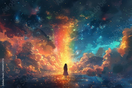 a happy teen girl stands beneath a celestial canopy of swirling colors in the enchanting realm of the rainbow Milky Way sky.