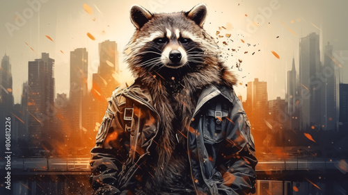 Envision a fashionable raccoon in a denim jacket, accessorized with a beanie hat and a messenger photo