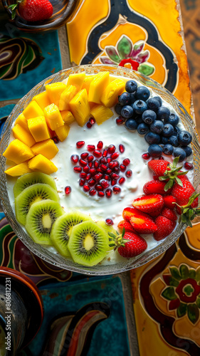 blog post of a fruit bowl  yogurt in the middle  sliced mango  pineapple circles  kiwi  strawberries 