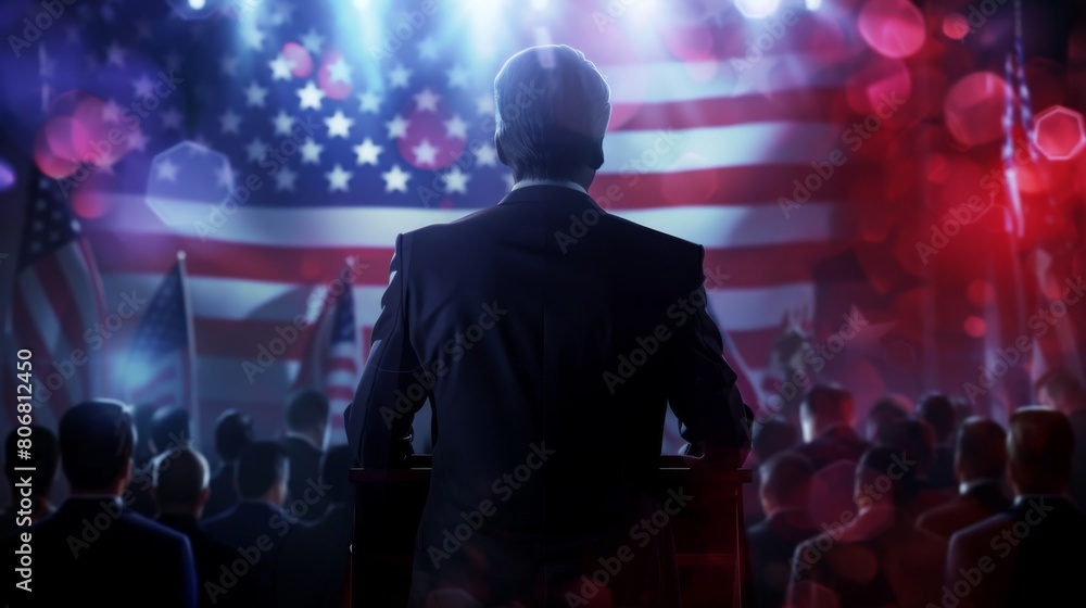 A politician is giving a speech with the American flag in the background