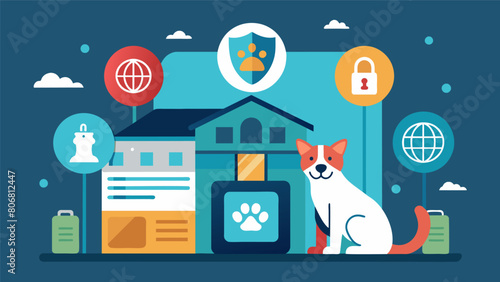 A sleek modern pet adoption center where all animals are equipped with digital identity chips ensuring they are properly cared for and protected even. Vector illustration