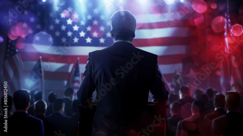 A politician is giving a speech with the American flag in the background