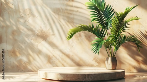 A living room with a potted palm tree in front of a beige wall with a large window to the left casting shadows on the wall.  