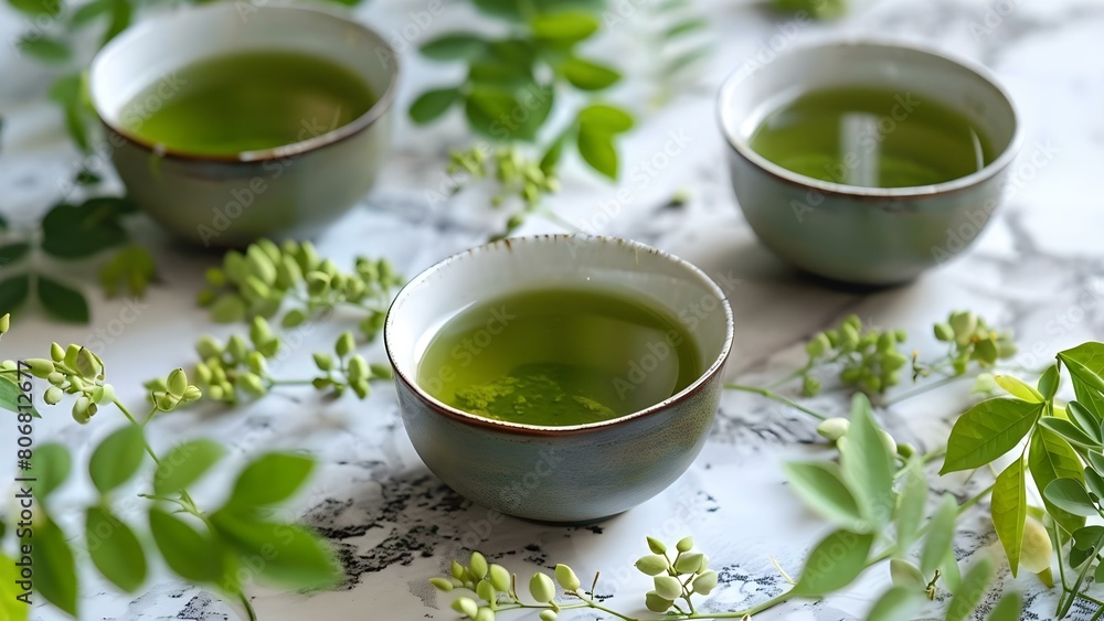 Elevated Flat Lay of Moringa Tea on White Surface with a Focus on Food Macro. Concept Flat Lay Photography, Food Macro, Moringa Tea, White Surface, Elevated Perspective Elevated Flat Lay of Moringa Tea on White Surface with a Focus on Food Macro. Concept Flat Lay Photography, Food Macro, Moringa Tea, White Surface, Elevated Perspective