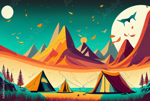 Tent on a hill under the mountains under a dramatic sky. Surrealism concept