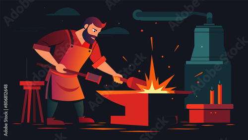 In the dimly lit blacksmiths shop sparks fly as the stoic craftsman hammers away at a piece of redhot metal bending it to his will.. Vector illustration