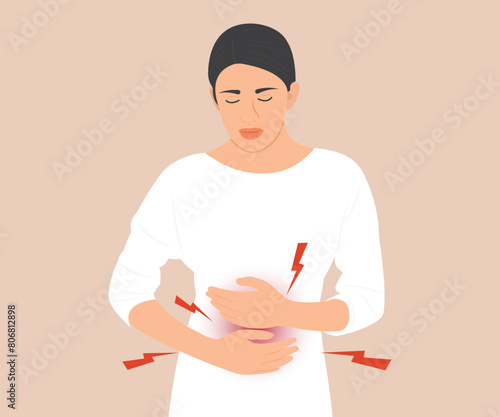 Beautiful young woman with long hair is suffering from stomach pain due to gastritis or menstrual cramps.Vector illustration.